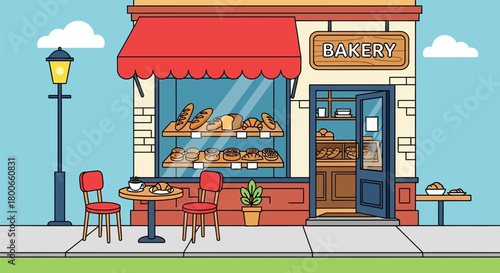 Charming bakery illustration with outdoor seating and delectable pastry display creating a