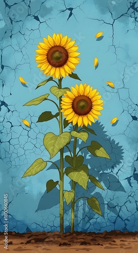 Sunflowers Growing Against Textured Wall with Falling Petals in Artistic Nature Scene