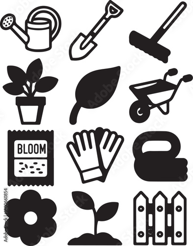 Gardening essentials icons for planting and outdoor projects
