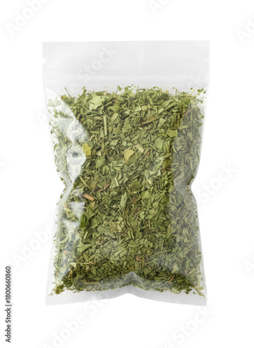 Bag of dried parsley isolated on transparent background with clear packaging mockup
