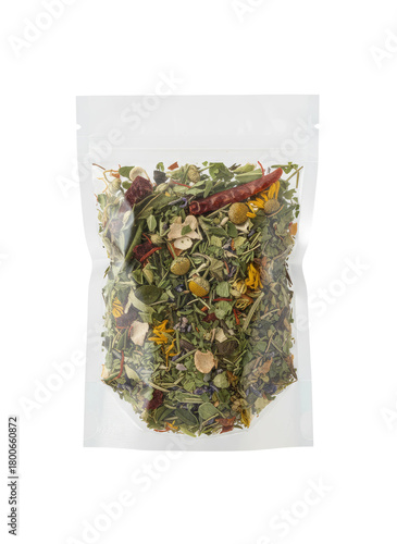 Bag of herbal tea isolated on transparent background with clear packaging mockup
