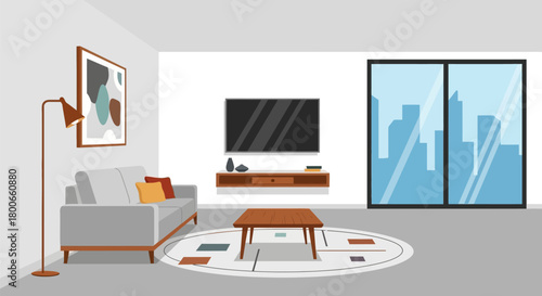 Modern Living Room Interior with City View, Minimalist Design and Cozy Ambiance Illustration