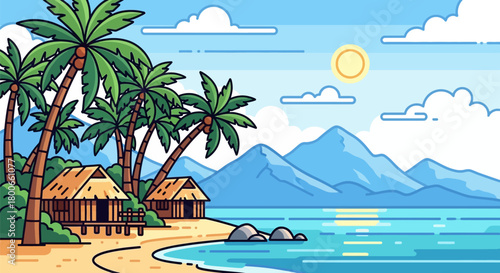 Tropical paradise vector illustration with palm trees, huts, mountains and the sun and calm