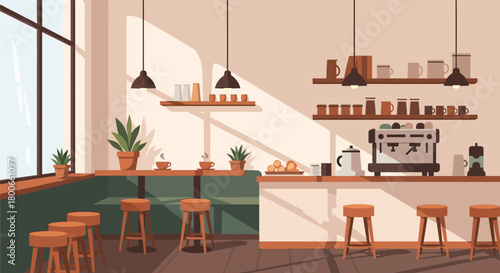 Cozy and inviting coffee shop interior with natural light, plants, and warm tones creating a