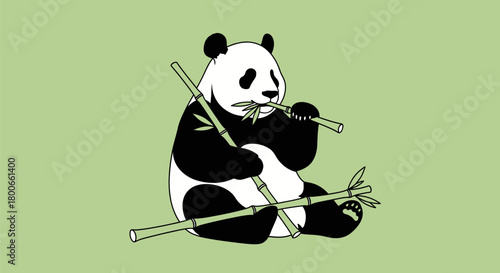Charming Panda Illustration Engrossed in a Bamboo Feast on a Serene Green Background