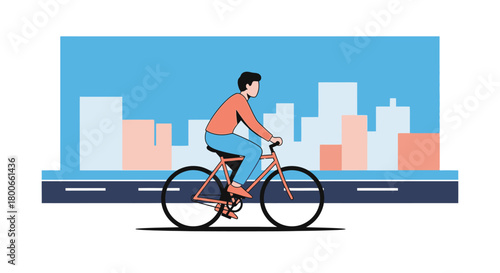 Illustration of a man riding a bicycle with a cityscape background creating a modern and urban