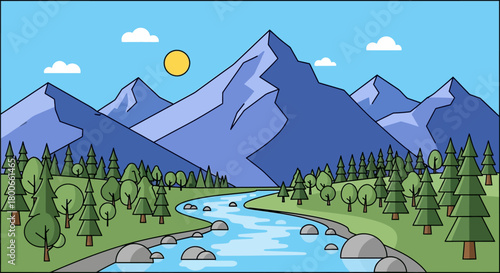 Scenic Mountain Landscape Illustration with River and Trees Depicting Peaceful Nature