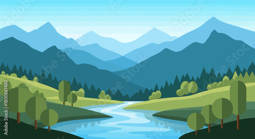 Stylized vector illustration of a peaceful mountain landscape with river and trees
