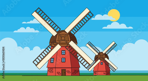 Whimsical windmill landscape illustration with vibrant colors and cartoon style aesthetic perfect