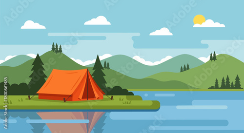 Vibrant camping scene showcases tent lake mountains and trees for outdoor adventures