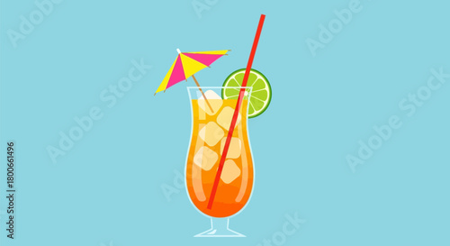 Refreshing tropical cocktail with ice cubes umbrella and lime, perfect for a summer getaway and