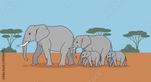 Cartoon illustration of a family of elephants walking across the savanna plain