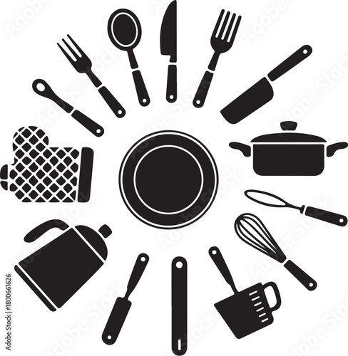 Essential kitchen tools arranged in a circle