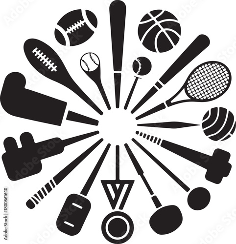 Diverse sports equipment arranged in a dynamic circular pattern