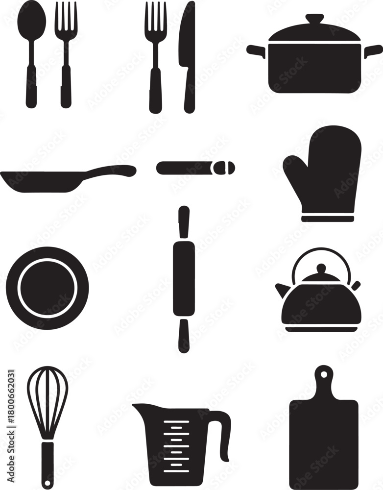 Fototapeta premium Essential kitchen tools icons for cooking and baking