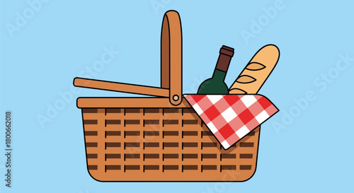 Charming picnic basket illustration featuring wine, bread and a checkered cloth evoking outdoor
