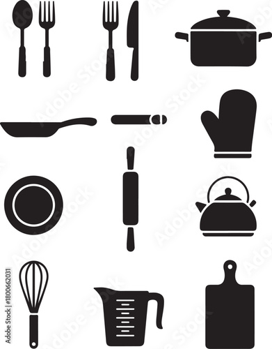 Essential kitchen tools icons for cooking and baking