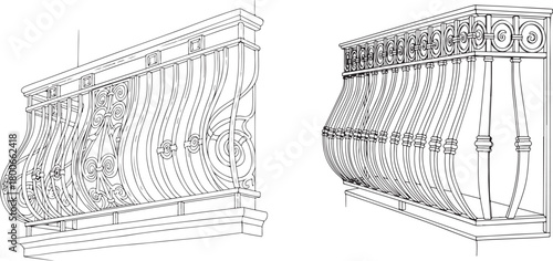 Decorative Wrought Iron Balustrade Designs with Elegant Scrolls and Curves Vector