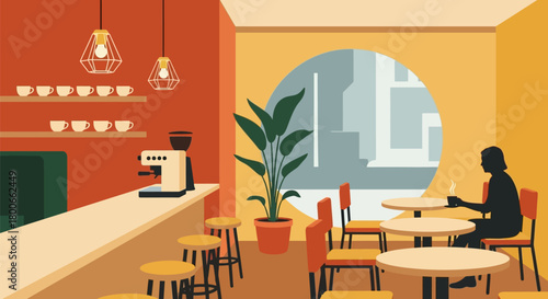 Minimalist Coffee Shop Illustration with Person Silhouette and Warm Tones Creates a Relaxing Scene