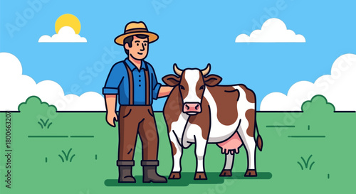 Cartoon illustration showing farmer with his cow in a green farm field under the sun