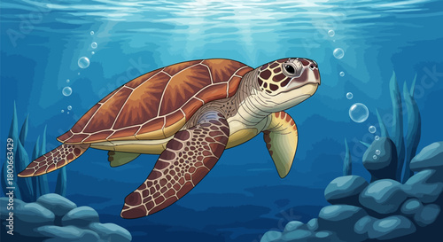 Cartoon sea turtle swimming gracefully underwater with sun rays and bubbles, ocean life illustration