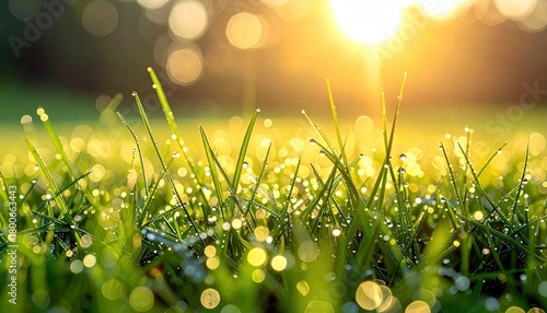 Dew drops on blades of green grass glisten in the warm sunlight, creating a serene and refreshing natural scene.