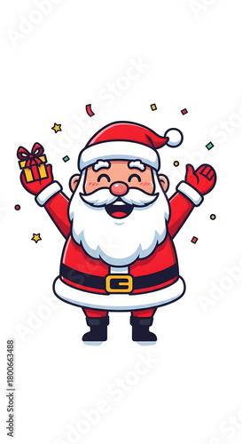 Jolly Santa Claus cartoon mascot celebrating with a gift. A cute and happy character vector illustration for the festive Christmas holiday season