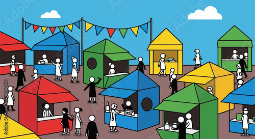 Colorful Cartoon Illustration of a Bustling Outdoor Market with Various Stalls and People