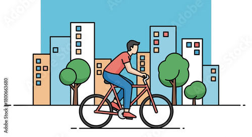 Illustration of a man riding a bicycle in a cityscape with buildings and trees depicted with a