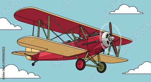 Vintage biplane flying gracefully through the sky with puffy white clouds backdrop offering a