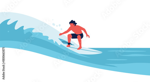 Flat vector illustration of a surfer riding a big wave in the ocean on a sunny day perfect for