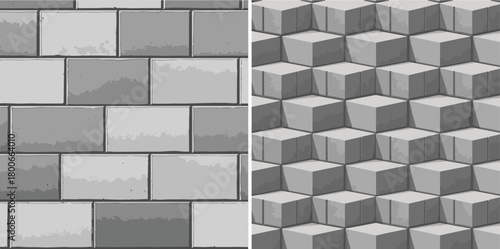 Seamless Grey Geometric Tile and Isometric Cube Patterns