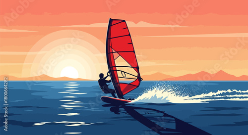Windsurfing at Sunset: A dynamic illustration of a windsurfer against a vibrant sunset backdrop