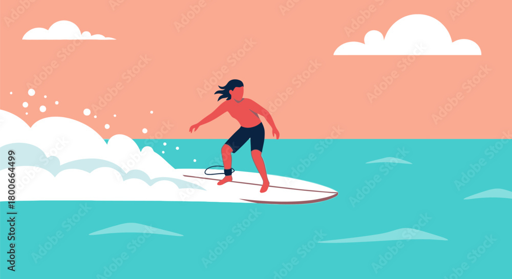 Fototapeta premium Illustration showcasing the thrill of surfing with dynamic waves and clear sky backdrop
