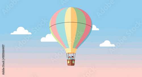 Delightful hot air balloon flight over pastel sunrise sky illustration with clouds