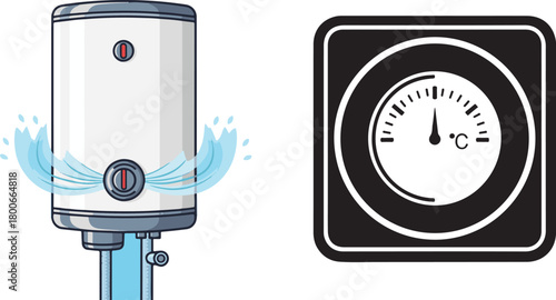 Vector Illustration of Leaking Water Heater and Temperature Gauge Icon