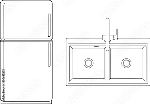 Outline Illustration of Modern Refrigerator and Dual Kitchen Sink