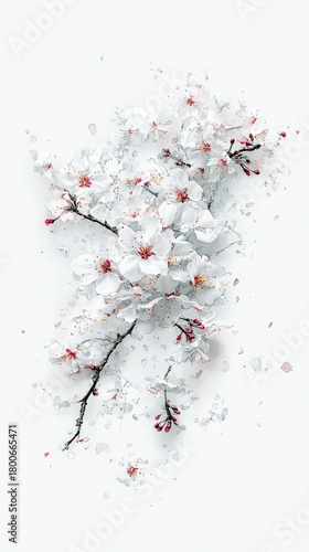 A close-up view of blooming white cherry blossoms with delicate pink centers, set against a clean white background with scattered petals.