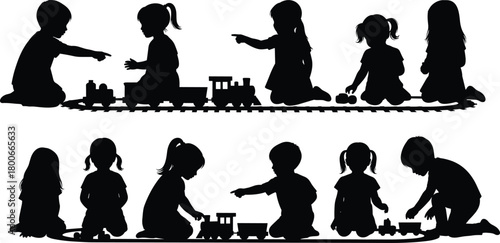 Children playing with toy trains, silhouette kids on tracks, sitting, reaching, pointing, black vector art, childhood fun, social interaction