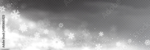 Blizzard on transparent background, snowfall and snowstorm, snow and snowflakes, vector design