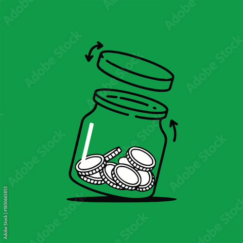 Foto savings jar with floating lid and coins line art illustration for finance