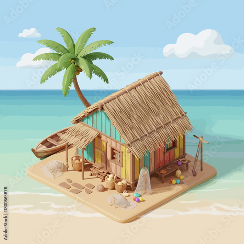 Idyllic Tropical Island Getaway with Colorful Beach Hut and Palm Tree