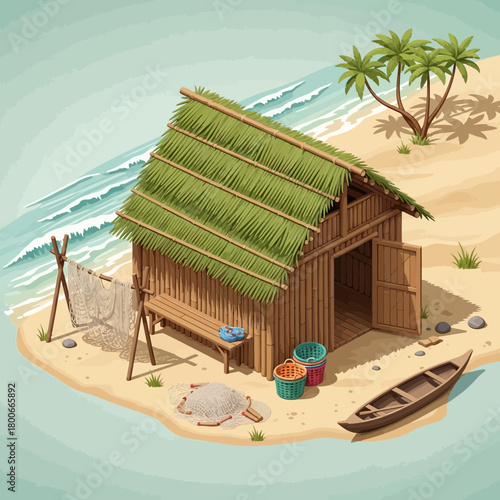 Idyllic beach hut scene with fishing implements creating a tranquil atmosphere