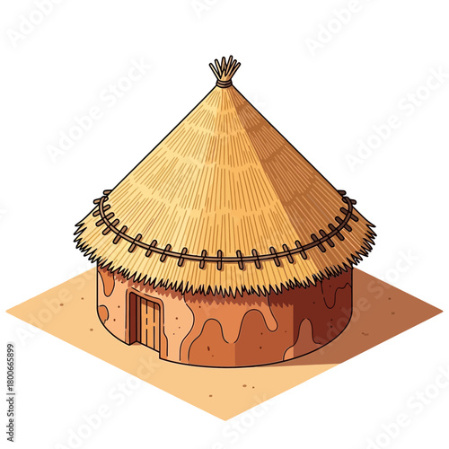 Illustrated traditional thatched hut or village dwelling, isometric view