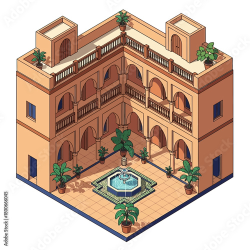Isometric courtyard design showcasing a fountain and greenery with building