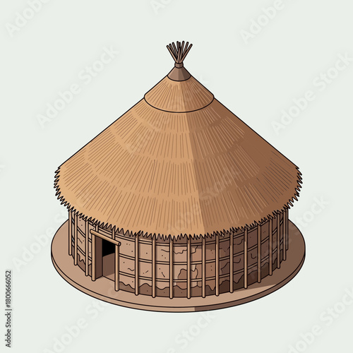 Isometric depiction of a thatched-roof roundhouse typical for prehistoric times