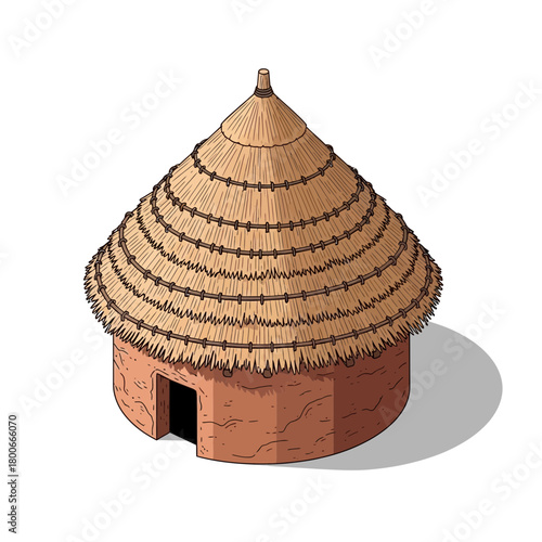 Isometric depiction of a traditional African thatched hut architecture style