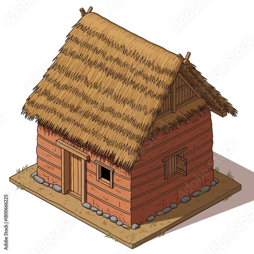 Isometric Illustration of a Quaint Thatched-Roof Cottage in Rustic Style