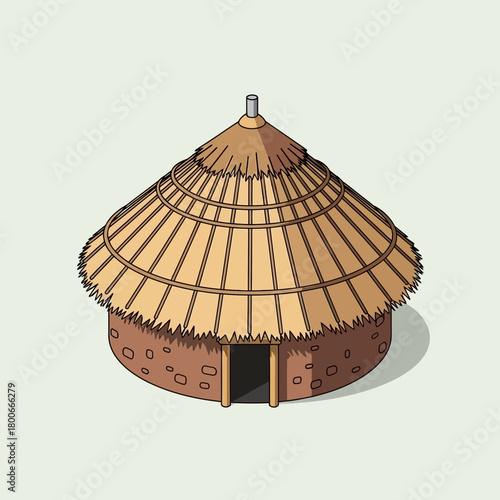 Isometric illustration of a traditional hut with a thatched roof design