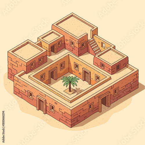 Isometric illustration of a traditional desert house with a palm tree inside